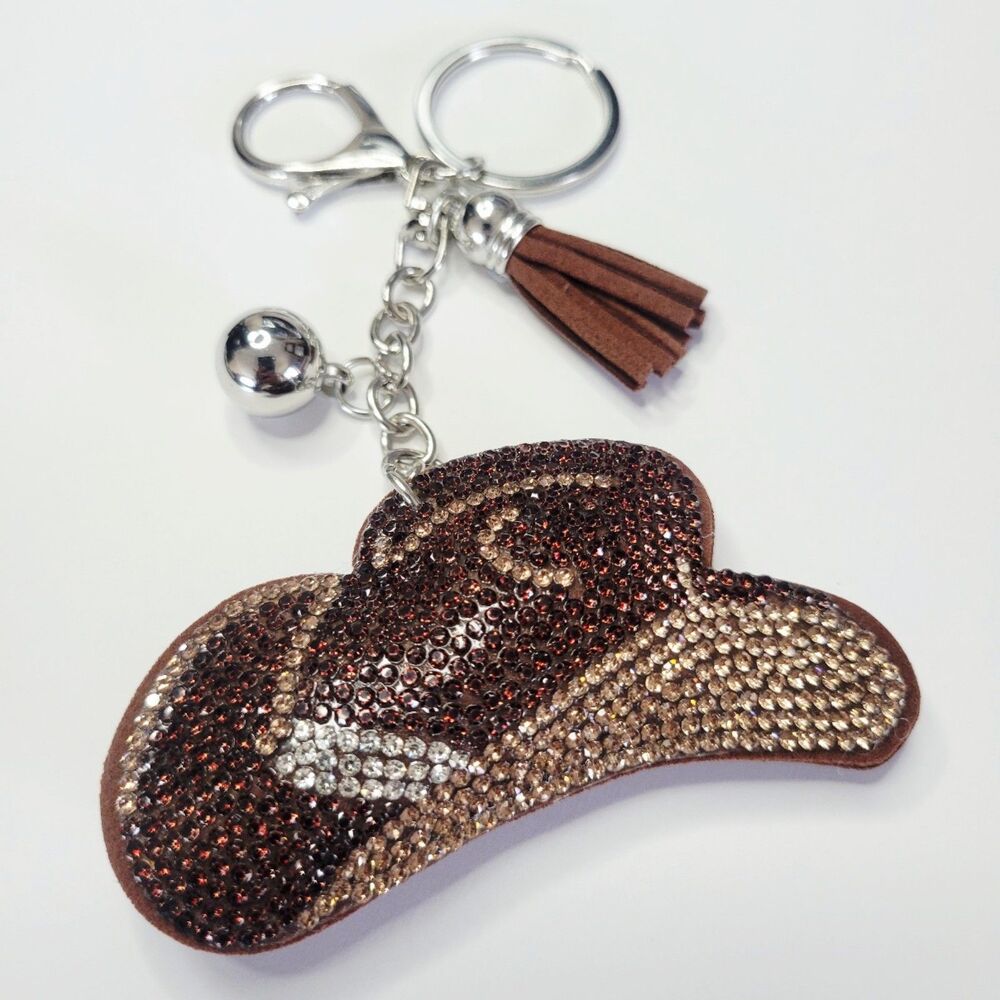 NWT Large Bling Brown Cowboy Hat Keychain Bag Charm With Tassel Purse Charm